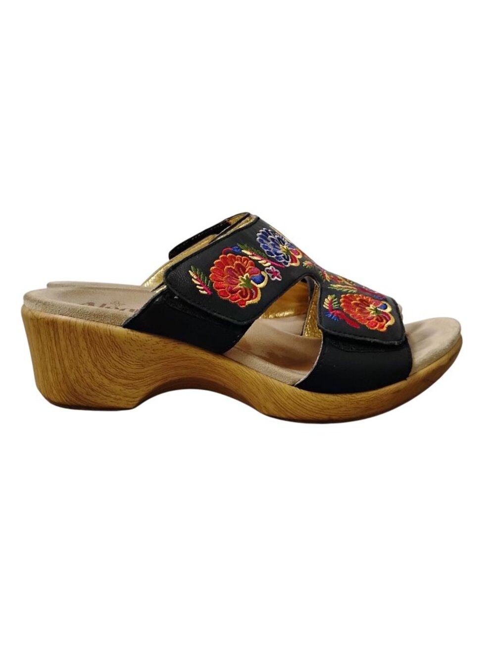 Alegria Womens 10-10.5/41 Wedge Platform Sandals Black Embroidered Leather BoHo